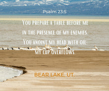 Load image into Gallery viewer, Ana Sosa&#39;s photography of Bear Lake, UT., with Psalm 23:5

