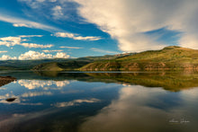 Load image into Gallery viewer, A beautiful wall picture of Currant Creek Reservoir, sunset refection over clear water