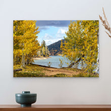 Load image into Gallery viewer, &quot;Autumn&#39;s Tapestry 16&quot; x 24&quot; - Size comparison with an emerald vase on a beige wall, highlighting the print&#39;s impact in various settings.&quot;
