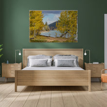 Load image into Gallery viewer, &quot;Autumn&#39;s Tapestry 40&quot; x 60&quot; - Vibrant presence in a bedroom with green walls and beige furniture, showcasing the print&#39;s seasonal allure.&quot;
