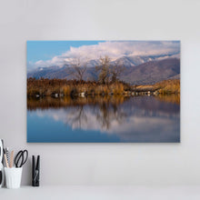 Load image into Gallery viewer, &quot;Dusk&#39;s Tranquil Reflection 16&quot; x 24&quot; - A refined touch for your space, comparing the print&#39;s size to a table pen for scale.&quot;
