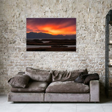 Load image into Gallery viewer, &quot;Firelit Serenity 40&quot; x 60&quot; - Phenomenal presence in a rustic beige wall setting, showcasing the print&#39;s fiery elegance.&quot;
