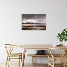 Load image into Gallery viewer, "Winter's Embrace 24" x 36" - Tranquility in a natural dining room setting, hung on a white wall with subtle reflections in the lake."