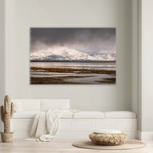 Load image into Gallery viewer, "Winter's Embrace 40" x 60" - Minimalist decor on a beige wall, where the piece adds a touch of serenity to a reduced space."