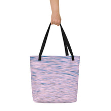 Load image into Gallery viewer, A tote bag printed with pink tones of sunset reflections, black beams, carried by one hand, back side