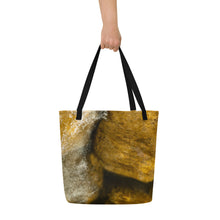 Load image into Gallery viewer, Tote bag with all-over print, vibrant terracotta under water colors. Displayed on its front face, with black swords, held by a female hand.