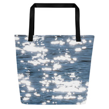 Load image into Gallery viewer, Tote bag with all-over print, back side, with bright reflections of the sun on the water, with black handles, one size ready for summer