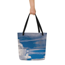 Load image into Gallery viewer, Full tote bag printed with an image of reflections on the water, displayed on its other side, with vivid white and sky blue.
