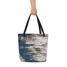 Load image into Gallery viewer, Elegant tote bag in gray and blue with a vibrant reflection in the water with the legend 'Conserve Water - Each Drip Matter'