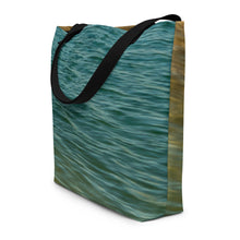 Load image into Gallery viewer, A modern tote bag, where you can store everything that matters when you get to those warm beaches. All printed with turquoise waves, side view of details.