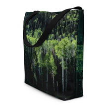 Load image into Gallery viewer, Full tote bag printed with an image of pando forest, displayed sideways to show details
