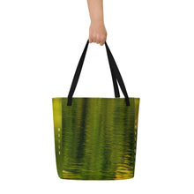 Load image into Gallery viewer, Front side of a Elegant and ecological Tote Bag: perfect balance between yellow and green that contains a legend of conserving water.