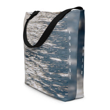 Load image into Gallery viewer, Lateral view of a elegant Tote Bag in grey and blue featuring a vibrant reflection on water