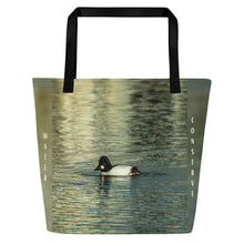 Load image into Gallery viewer, Front size of a  tote bag features a charming baby duck with the message "Conserve Water" written on it, making for a stunning reflection.