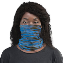 Load image into Gallery viewer, A neck gaiter modeled like a face mask in vibrant blue and green colors.