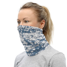 Load image into Gallery viewer, The radiant, shimmering silver of blue waters, printed on a patterned gaiter, and viewed from the left side.