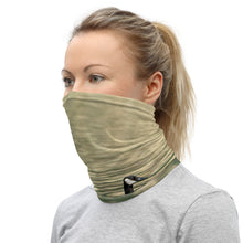 Load image into Gallery viewer, Reflections on water in green colors printed on a gaiter, showing the left side used as a mask.