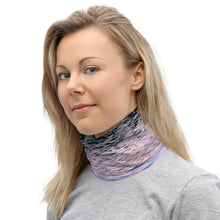 Load image into Gallery viewer, Neck gaiter - all over print with pink hues of sunset reflections, and the silver tones. Left view on a woman neck