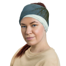 Load image into Gallery viewer, Beautiful neck gaiter with winter colors modeled as headband, front view