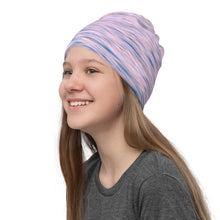 Load image into Gallery viewer, Neck gaiter - all over print with pink hues of sunset reflections, and the silver tones. Left and front view