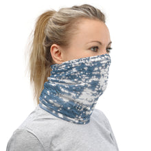 Load image into Gallery viewer, The radiant, shimmering silver of blue waters, printed on a patterned gaiter, and viewed from the right side.