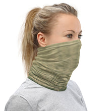 Load image into Gallery viewer, Shades of green in our exquisite product, neck gaiter, where a woman wears it as a mask