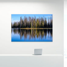 Load image into Gallery viewer, Limited edition photograph, size 40x60", pine conifers and blue sky reflected over Crystal Lake, Utah.