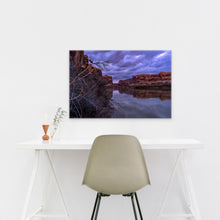 Load image into Gallery viewer, Limited edition photograph, size 24x36", of an evening twilight, on the Colorado River in Utah, rock formations reflecting in the water.