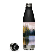 Load image into Gallery viewer, Stainless steel water bottle black 17 oz. Open to show details, back side, a colorful Crystal Lake image and 'Grin and watch the raimbow unfould' printed.