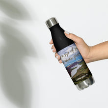 Load image into Gallery viewer, Stainless steel water bottle black 17 oz. On hand, front side view with Flaming Gorge Reservoir and 'take a sip of energy and never give-up' printed.