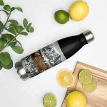 Load image into Gallery viewer, Stainless steel water bottle black 17 oz. On shelf comparing size with 2 limes, cutting board, and mint bouquet. Front side, a cold winter Cutler Reservoir, UT., image and 'Sip it Whether It's hot or cold' printed.