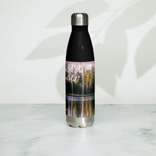 Load image into Gallery viewer, Stainless steel water bottle black 17 oz. Left side, a colorful Crystal Lake image and 'Grin and watch the raimbow unfould' printed.