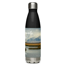 Load image into Gallery viewer, Stainless steel water bottle black 17 oz. Left side, The Great Salt Lake, UT., image and 'Adventure awaits, Hydrate!' printed.