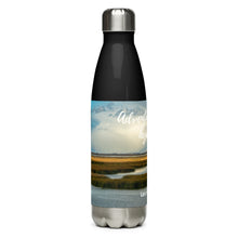 Load image into Gallery viewer, Stainless steel water bottle black 17 oz. Right side, The Great Salt Lake, UT., image and 'Adventure awaits, Hydrate!' printed.