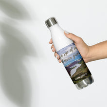 Load image into Gallery viewer, Stainless steel water bottle white 17 oz. On hand, front side view with Flaming Gorge Reservoir and 'take a sip of energy and never give-up' printed.