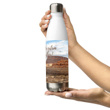Load image into Gallery viewer, Stainless steel water bottle white 17 oz. On hand, left side view with Colorado River and Let's go to the extra mile together printed.