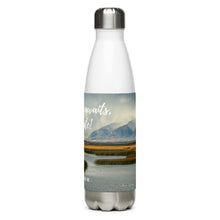 Load image into Gallery viewer, Stainless steel water bottle white 17 oz. Left side, The Great Salt Lake, UT., image and 'Adventure awaits, Hydrate!' printed.