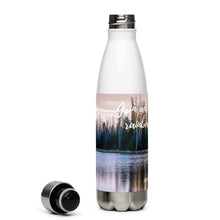 Load image into Gallery viewer, Stainless steel water bottle white 17 oz. Open to show details, right side, a colorful Crystal Lake image and 'Grin and watch the raimbow unfould' printed.