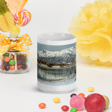 Load image into Gallery viewer, White glossy 15 oz mug with Hyrum Reservoir image, front view.