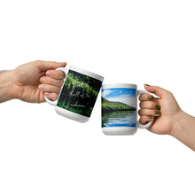 Load image into Gallery viewer, White 15-oz glossy mug with Fish Lake Image, handle on hand with front view.