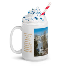 Load image into Gallery viewer, White glossy 15 oz mug with Lost Creek Reservoir image, handle on left.