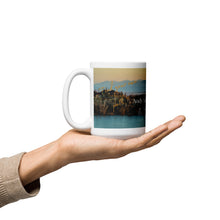 Load image into Gallery viewer, White glossy 15 oz Mug with Andy Adam's Reservoir and Great Salt Lake, handle on left