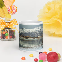 Load image into Gallery viewer, White glossy 20 oz mug with Hyrum Reservoir image, front view.