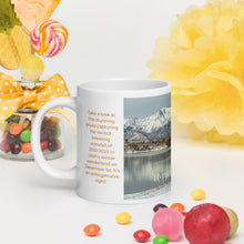 Load image into Gallery viewer, White glossy 20 oz mug with Hyrum Reservoir image, handle on left