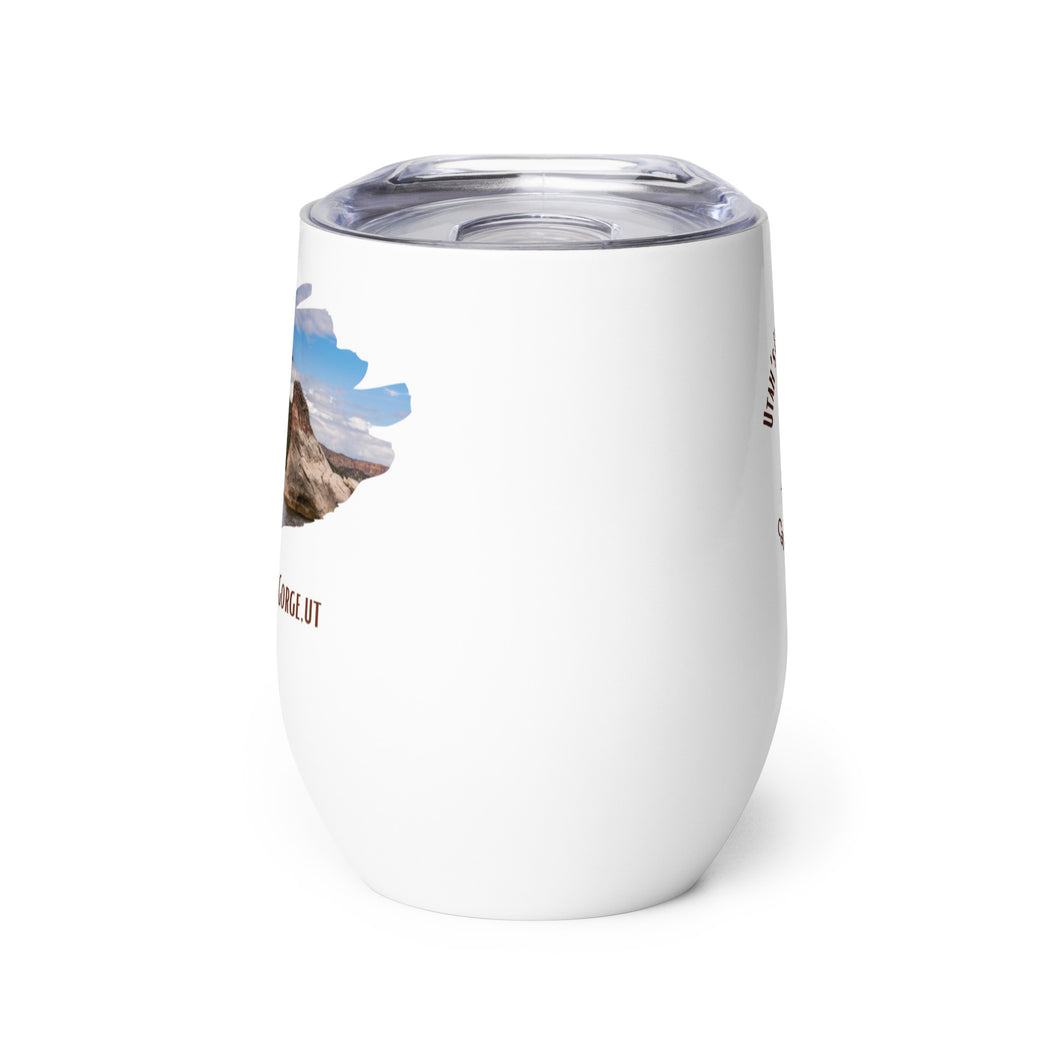 Wine tumbler, white with Flaming Gorge, UT printed on the front side.