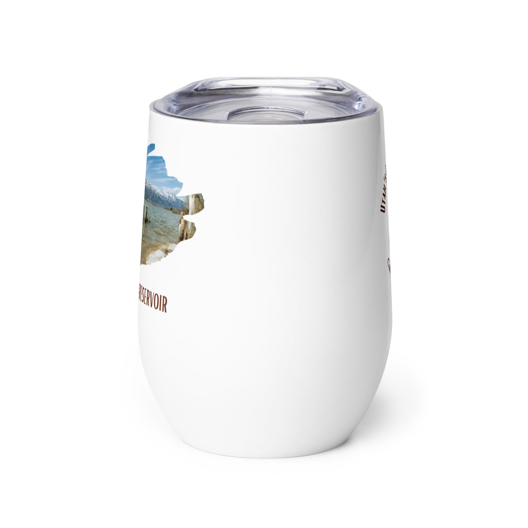Wine tumbler, white with Hyrum Reservoir, UT printed on the front side.