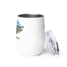 Load image into Gallery viewer, Wine tumbler, white with Hyrum Reservoir, UT printed Showing details.