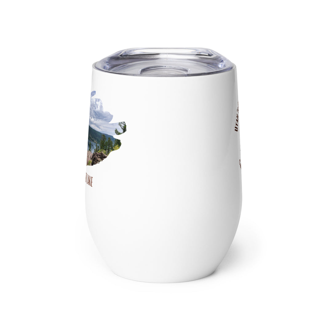 Wine tumbler, white with Fish Lake, UT printed on the front side.