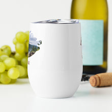 Load image into Gallery viewer, Wine tumbler, white with Fish Lake, UT printed comparing size.
