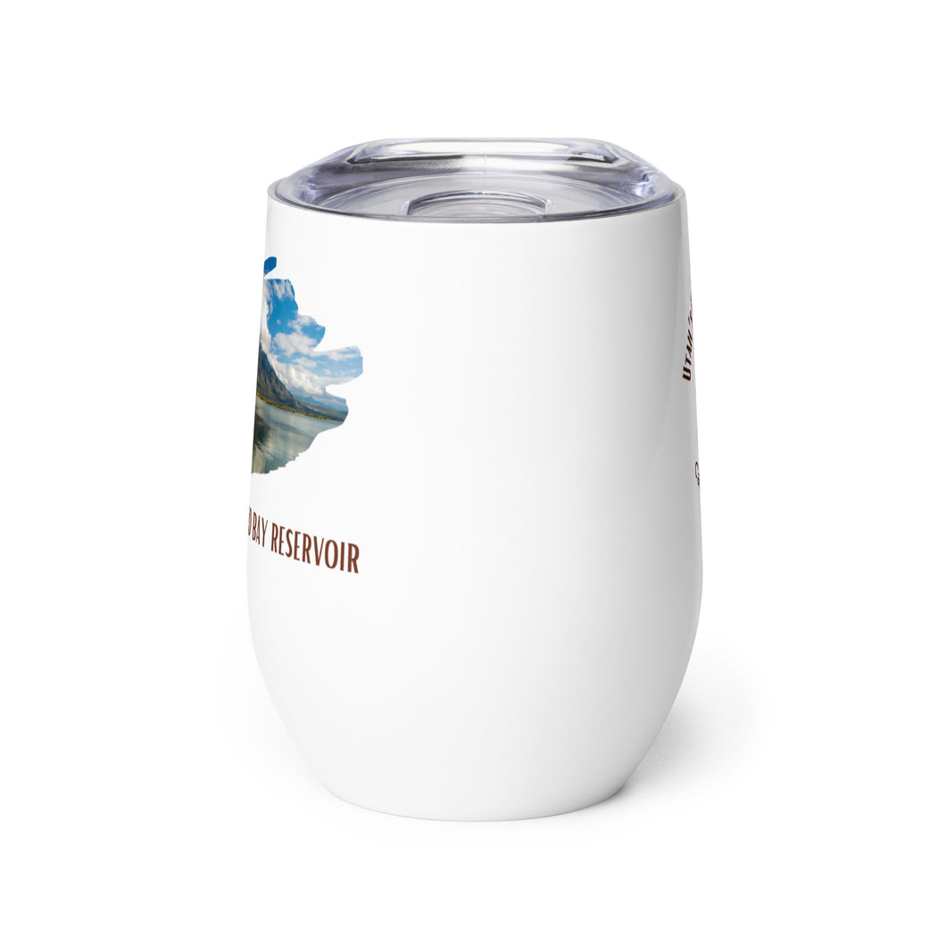 Wine tumbler, white with Willard Bay Reservoir, UT printed on the front side.